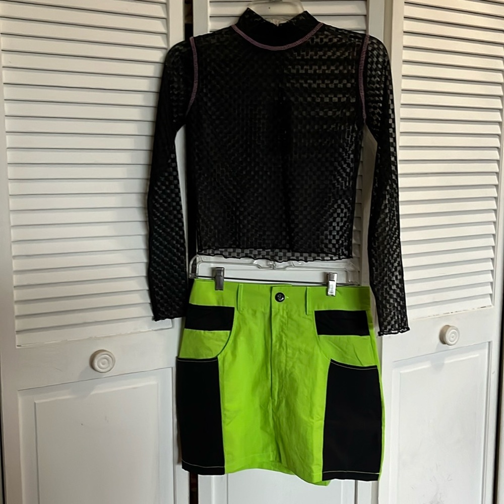 SET - NWT Delia’s & HALFHEART Mockneck Sheer Top & Fluorescent Green Mini Skirt